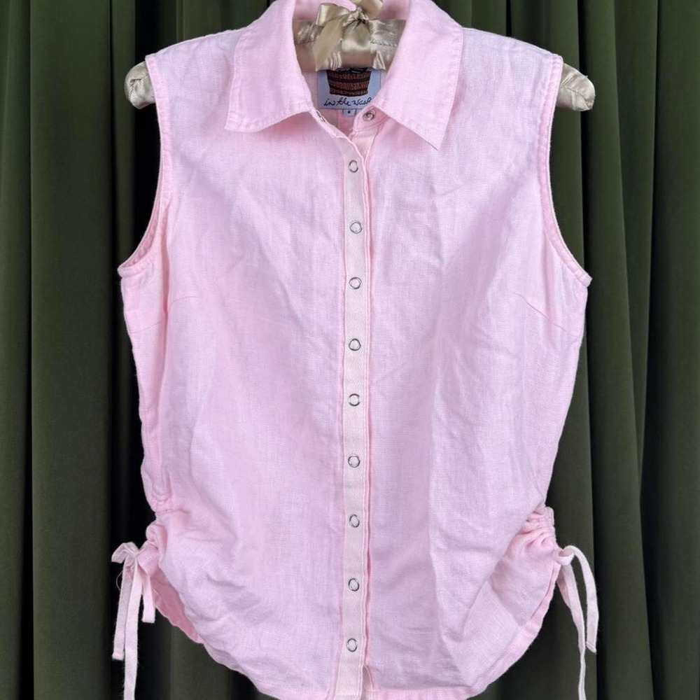 In The Wash Vintage Pink Linen Sleeveless Button Down Top Adjustable Ties Size 6